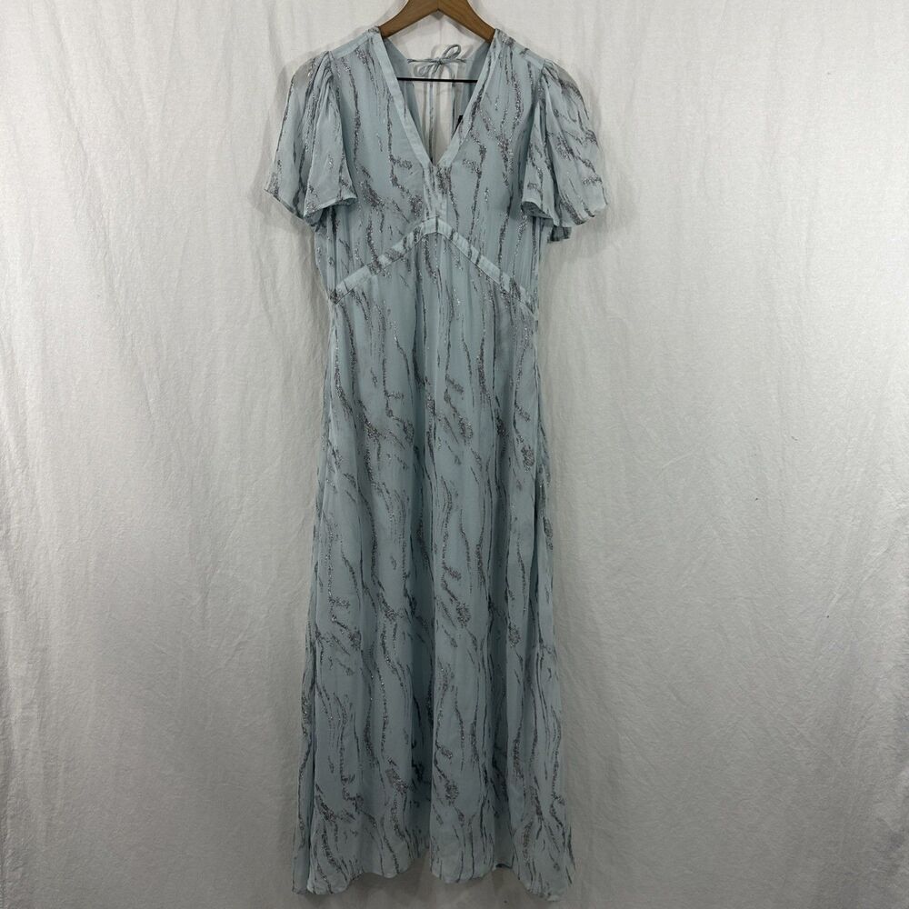 Bruuns Bazaar Blue Silver Metallic Flutter Sleeve Maxi Dress Womens Sz 36 Formal